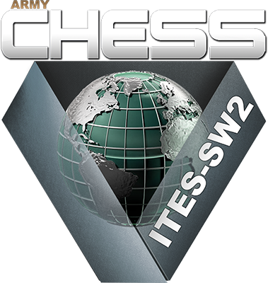 ITES-2W2 Logo - Gold and silver sans-serif type above illustration of globe with triangle around it